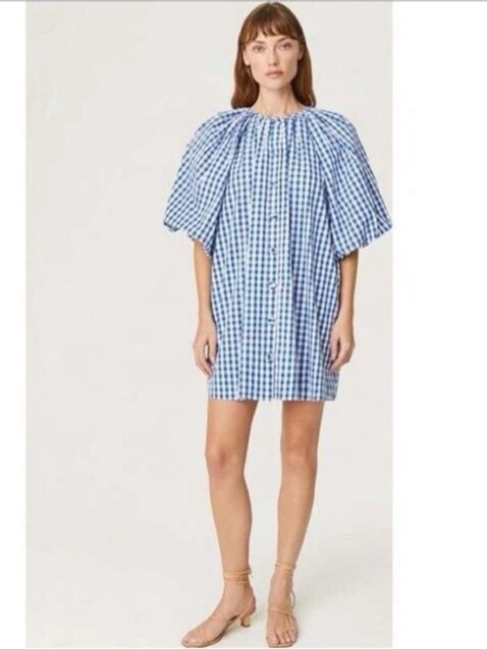 RHODE Dress Womens Large Blue White Gingham Check Mini Puff Sleeve Paloma